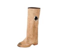 HIKKWXVN Bottes Hautes pour Femmes à Talon Bas pour Marcher Toute la journée, Bottes d'équitation en suède Extra Doux pour Les soirées en Club, Les Voyages et Les Tenues de Festival,Beige,38 EU