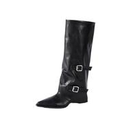HIKKWXVN Bottes Montant au Genou à Bout Pointu pour Femmes Petites, Taille 5-8, Talon Bloc Bas, Design pour Mollets étroits, pour soirées en Club, Voyages, Tenues de Festival,Noir,37 EU