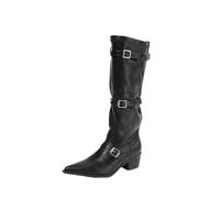 HIKKWXVN Bottes Western pour Femmes à Bout Pointu et Tige Large, Bottes mi-Mollet à Talon Bloc épais pour Le Quotidien, Les Voyages et Les Tenues de Festival,Noir,39 EU