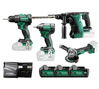 HiKOKI Kit 4 Outils, Meuleuse, Perceuse, Visseuse, Marteau, 3 Batteries | Pack Brushless 18V avec chargeur et sac. Idéal pour perçage, meulage et martelage. Puissant, ergonomique et polyvalent.