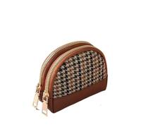 HIKOO DAILY Porte-monnaie en cuir avec motif pied-de-poule brodé double couche pour femme, Double fermeture éclair marron, Taille unique
