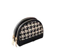 HIKOO DAILY Porte-monnaie en cuir avec motif pied-de-poule brodé double couche pour femme, Noir - Double fermeture éclair, Taille unique