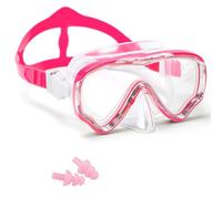 HIKOTEY Masque de Plongée pour Enfant 4-16 Ans,Lunettes de Plongée Panoramiques 180°,Lentille en Verre Trempé Antibuée,Protection UV,Branches Réglable,Comprend des Bouchons d'oreilles étanches - Rose