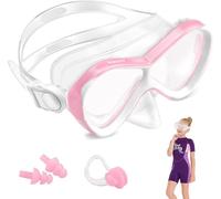 HIKOTEY Masque de Plongée pour Enfant 4-16 Ans,Lunettes de Plongée Panoramiques 180°,Lentille en Verre Trempé Antibuée,Comprend des Bouchons d'oreilles étanches et Un Pince-Nez (Blanc Rosé)