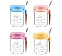 Hikrxya Lot de 4 Pot pour Overnight Oats avec Auillère et Couvercles, 480 ml Bocal Pot Yaourt en Verre Réutilisables pour Yaourts Puddings Fruits Confitures Céréales Snacks