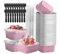 Hikrxya Lot de 60 mini moules à gâteau carrés réutilisables en aluminium avec couvercles et cuillères - 150 ml - Pour dessert, pain, mariage, pique-nique, fête d'anniversaire - Rose