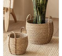 Hilai Panier à Plantes en jonc de mer, Pot de Fleurs Rustique tissé avec poignée Robuste, Rangement décoratif Naturel pour hôtel, café, décoration d'intérieur S