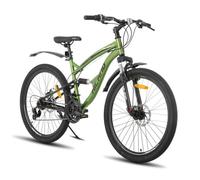 Hiland 26 pouces Vélo de montagne tout suspendu, 21 vitesses, vélo de montagne pour hommes et femmes, Freins à double disque，vert