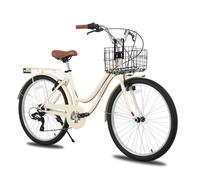 HILAND 26 pouces Vélo de Ville - 7 Vitesses, Freins Double Sécurité, Cadre Bas, Garde-Boue et Porte-Bagages, Beige