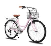 HILAND 26 pouces Vélo de Ville pour Femmes - 7 Vitesses, Freins Double Sécurité, Cadre Bas, Garde-Boue et Porte-Bagages, Rose