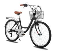 HILAND 26 pouces Vélo de Ville pour Femmes - 7 Vitesses, Freins Double Sécurité, Cadre Bas, Garde-Boue et Porte-Bagages, Noir