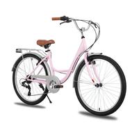 HILAND 26 pouces Vélo de Ville pour Femmes - 7 Vitesses, Freins Double Sécurité, Cadre Bas, Garde-Boue et Porte-Bagages, Rose
