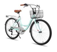 HILAND 26 pouces Vélo de Ville pour Femmes - 7 Vitesses, Freins Double Sécurité, Cadre Bas, Garde-Boue et Porte-Bagages, Vert