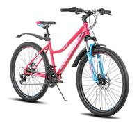 HILAND VTT Femme 26 pouces 21 vitesses avec Suspension Fourche Acier Cadre Freins à Disques et Garde-boue-Rose