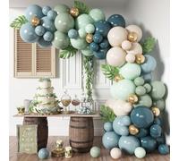 HILAVO Kit d'arche de ballons bleu poudré, vert sauge, ardoise, pastel, blanc, sable, doré, guirlande de 98 ballons bleu brouillard vert, beige pour safari, anniversaire, fête prénatale