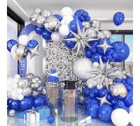 HILAVO Kit d'arche de ballons bleus et blancs argentés avec étoile explosion 4D de ballons en feuille d'argent bleu roi métallisé argenté blanc pour décoration de remise de diplôme d'anniversaire,