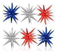HILAVO Lot de 6 ballons en forme d'étoile bleue, rouge, argent, 55 cm, bleu, rouge et argenté, en forme d'étoile explosive, pour anniversaire, fête prénatale, carnaval, décoration de fête à thème,
