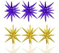 HILAVO Lot de 6 grands ballons en forme d'étoile à pointes pour décoration de remise de diplôme, anniversaire, mariage, fête prénatale, Halloween, festival, cérémonie - 55,9 cm - violet et doré