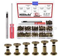 Hilitchi Lot de 110 vis Chicago en bronze à tête plate - Rivets en cuir - Rivets ronds en acier au carbone - Rivets à clous en cuir avec outil d'installation (M5 x 4,5,6,8,10,12)