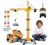 HILKKET Grue à Tour Télécommandée 138 cm, 2,4 GHz RC Grue à Tour Enfant, Gru Crane De Chantier, 680 Degrés de Rotation Gru de Chantier Enfant avec Camion à Benne basculante RC pour Les Garçon