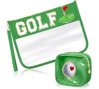 Hillban Lot de 2 sacs à lettres en chenille pour maquillage - Pochette plate transparente en PVC - Étanche - Trousse de toilette portable pour femme et fille, vert, Golf