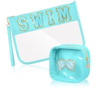 Hillban Lot de 2 sacs de natation en chenille avec lettres, pochette de maquillage, pochette plate transparente en PVC, sac à main étanche, sacs de voyage, sacs cosmétiques, piscine, entraîneur