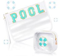 Hillban Lot de 2 sacs de piscine en chenille avec lettres, sac de maquillage, pochette plate transparente en PVC, sac à main étanche, sac à cosmétiques de voyage, trousse de toilette portable pour