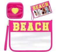 Hillban Lot de 2 trousses de maquillage de plage transparentes en chenille avec lettres, étanches, en PVC, sac à main de voyage, collation, rangement portable pour femme