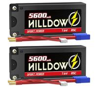 Hilldow Lot de 2 batteries Lipo 2S Shorty haute tension 7,6 V 85 C 5600 mAh avec connecteur Bullet vers EC3 de 5 mm pour véhicules télécommandés à l'échelle 1/10, camions, bateaux