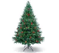 Himaly Sapin de Noël artificiel non éclairé de qualité supérieure avec support en métal, décoration de Noël pour intérieur et extérieur, en PVC, polyéthylène, pomme de pin, fruits rouges (1,8 m)