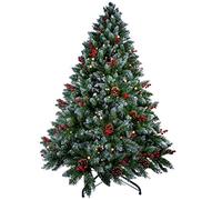 Himaly Sapin de Noël Artificiel Pin, avec 12M Guirlande Lumineuse, 450 Tronc Vert en Matière PVC, 150cm, 39 Pommes de Pin Vraies, 39 Fruits Rouges, et Support en Métal Robuste