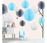 Himeland Papier Boule Nid d'abeille Décoration，Gris Deco Bapteme, Boule Alvéolé en Papier de Soie pour Mariage Anniversaire Fête Baby Shower Decoration Maison Baptême Maison, Lot de 12, Bleu