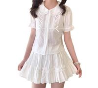 HIMI HIMIFASHION Chemisier Lolita boutonné pour adolescent, col Peter Pan en dentelle, patchwork, manches courtes, doux, mignon, chemisiers hauts, blanc, L