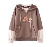 HIMI HIMIFASHION Joli sweat à capuche pour adolescentes filles Kawaii Thé au lait Ours brodé Sweatshirt à capuche Patchwork ample Pull à capuche Tops pour printemps automne, marron, Taille unique