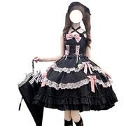 HIMI HIMIFASHION Lolita Robe de princesse à bretelles avec nœud en dentelle et ourlet à volants pour adolescente, Noir , S