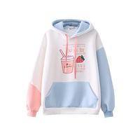 HIMI HIMIFASHION Sweat à Capuche Kawaii Chaud pour Filles avec Impression de Boissons à la Fraise Mignonne - Polaire Lâche à Capuche Sweat-Shirt à Impression Patchwork Décontracté, blanc, Taille