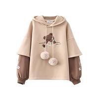 HIMI HIMIFASHION Sweat à capuche mignon en polaire pour adolescentes - Kawaii - Dessin de ours - Broderie - Faux deux-pièces - Sweat décontracté - Pullover - Haut à capuche, kaki, Taille unique