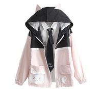 Himifashion Veste Kawaii pour adolescente - Motif chat mignon - Patchwork - Manches longues - Fermeture éclair - HM122201, Noir , 36