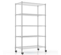 Himimi Étagère à 5 Niveaux avec Roulettes et Pieds Nivelants, Étagère de Rangement en Métal Réglable en Hauteur, Étagère de Rangement Debout pour Buanderie, Salle de Bain, Cuisine,90*45*208CM, Argent