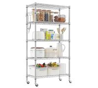 Himimi Étagère à roulettes, en métal, réglable en hauteur, avec 5 étagères et crochets, pour cuisine, garde-manger, cave, 35 x 76 x 158 cm, argentée