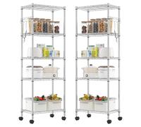 Himimi Lot de 2 étagères à roulettes, en métal chromé, hauteur réglable, étagère métallique avec 5 étagères, pour cuisine, salle de bain, 35 x 59 x 183 cm, argent
