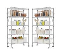 Himimi Lot de 2 étagères en métal sur roulettes - Hauteur réglable - Avec 5 étagères et crochets - Pour cuisine, garde-manger, cave, 35 x 76 x 158 cm - Argenté