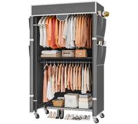 Himimi Porte-vêtements sur roulettes - Double tringle à vêtements stable - Avec couvercle et étagère réglable en hauteur - En métal - Pour chambre à coucher - 90 x 45 x 205 cm - Gris
