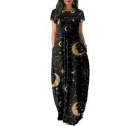 HIMKSRE Robe à Manches Courtes for Femmes, imprimé Soleil et Lune, Longue, décontractée, Ample, Double Poche, Robe de Plage, Vacances(2,XXL)