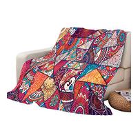 Himlaya Bleu Rouge 3D Patchwork Couverture en Flanelle pour Adultes et Enfant, Couverture en Microfibree Epaisse Doux Chaude pour Hiver Couverture de Lit Jeté de Canapé (Mandala Rouge,150x130cm)