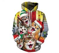 Himlaya Noël Sweat à Capuche 3D Marrant Unisexe, Hoodie Manches Longues Homme Femme Sweat Capuche avec Poches Adulte Casual Manteau de Sport Automne Hiver Tops Pullover (Chat Heureux,3XL)
