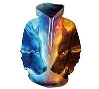 Himlaya Sweat à Capuche 3D Loup Unisexe, Hoodie Manches Longues Homme Femme Sweat Capuche avec Poches Adulte Casual Manteau de Sport Automne Hiver Tops Pullover (Feu d'eau,Small/Medium)