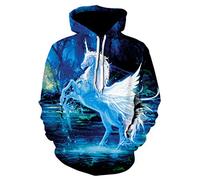 Himlaya Sweat à Capuche Unisexe, Impression de Animal 3D Hoodie Manches Longues Homme Femme Sweat Capuche avec Poches Adulte Manteau de Sport Automne Hiver Tops Pullover (Licorne Blanche Bleue,S)