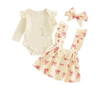 Himllauen Tenue imprimée pour bébé fille 3 pièces à manches longues et col rond + jupe porte-jarretelles + bandeau ensembles pour bébé fille automne printemps hiver, jaune, 6-12 mois