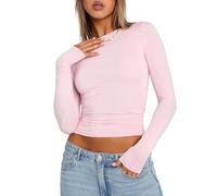 Himllauen Y2k T-shirt à manches longues pour femme Coupe ajustée Couleur unie Élégant Sexy Crop Tops Y2k Clothes Fashion T-shirt à manches longues pour femme et fille, B rose., M